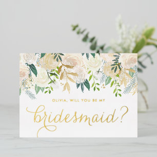 Waterkleur Zachte Ivoren Bloemen Wees Mijn Bruidsm Folie Uitnodiging