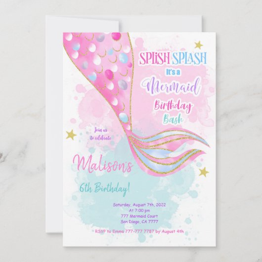 Waterkleur Zeemeermin kinder Uitnodiging (Voorkant)