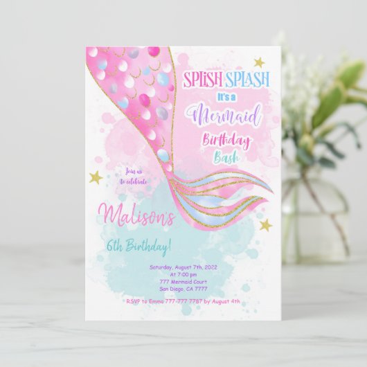 Waterkleur Zeemeermin kinder Uitnodiging (Staand voorkant)