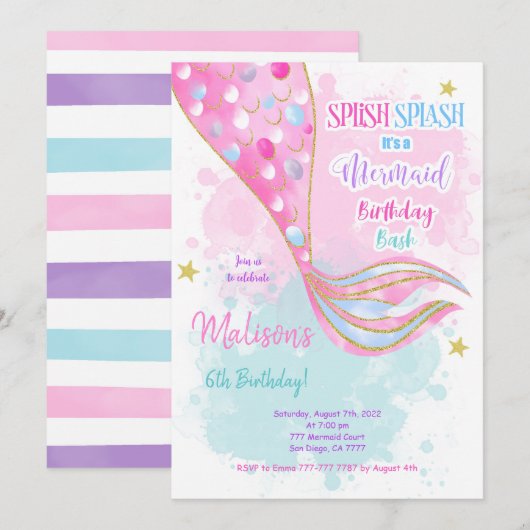 Waterkleur Zeemeermin kinder Uitnodiging (Voorkant / Achterkant)