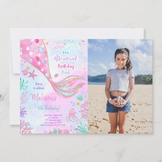 Waterkleur Zeemeermin Verjaardags Foto Uitnodiging (Voorkant)