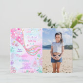 Waterkleur Zeemeermin Verjaardags Foto Uitnodiging (Staand voorkant)