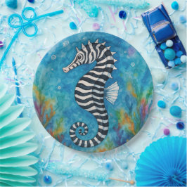 Waterkleur Zeepaardje met Zebrastrepen Papieren Bordje
