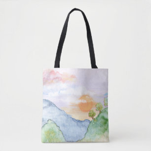 Waterkleur Zonsondergang over Bergen & Bomen Tote Bag
