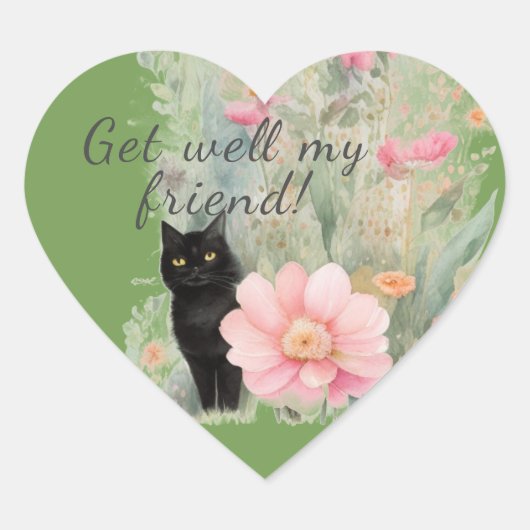 Waterkleur Zwarte Kat in Flowergarden Hart Sticker (Voorkant)