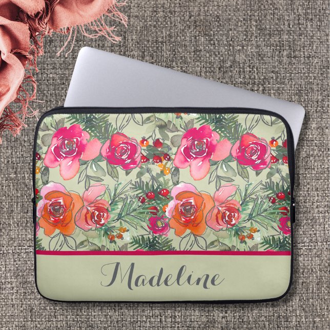  waterkleurbloemen in Pinks en Greens Laptop Sleeve (Creator heeft geüpload)