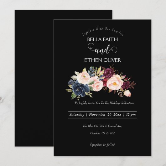 waterkleurige florale bruiloft uitnodiging (Voorkant / Achterkant)