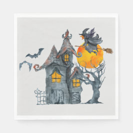 Waterkleurige heks en spookachtig huis Halloween N Servet