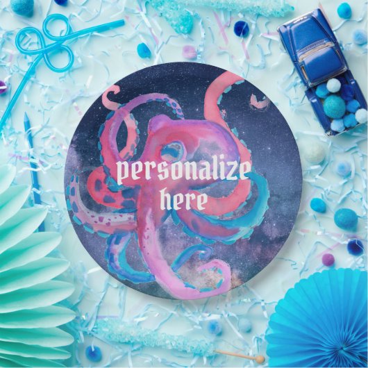 Waterkleurruimte octopus roze sterren bord (Feest)