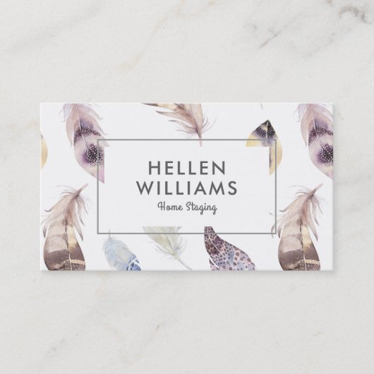 Waterkleurstoffen boho veren patroon visitekaartje (Voorkant)