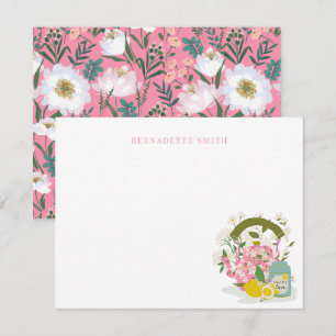 Waterkoker & Thee Tin Roze Bloemen Stationery Note Notitiekaartje