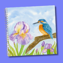 Waterkoningsvogel met paarse irissen notitieboek