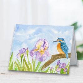 Waterkoningsvogel met paarse irissen notitiekaartje