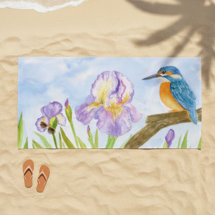 Waterkoningsvogel met paarse irissen strandlaken