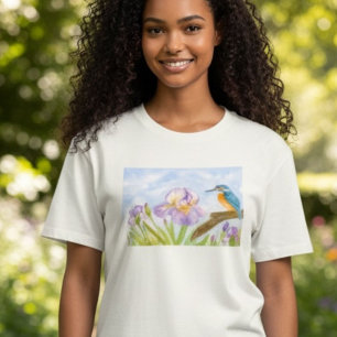 Waterkoningsvogel met paarse irissen t-shirt