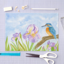 Waterkoningsvogel met paarse irissen tissuepapier