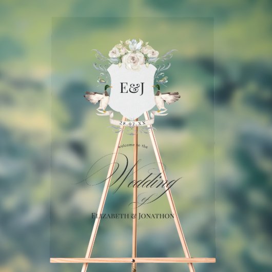 Waterlelende Eenden Laurel Crest Monogram Huwelijk Acryl Bord (Neutraal)