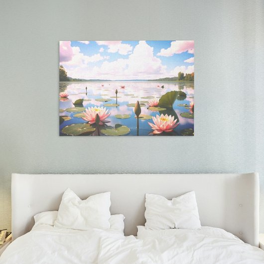 Waterlelie met roze wolken die reflecteren op het perfect poster