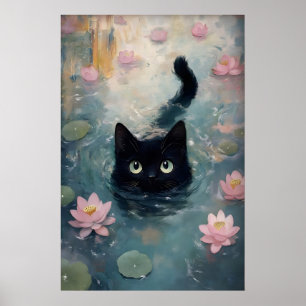 Waterlelie zwart kat print, kat in donker water poster