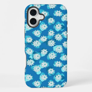 Waterleliepatroon, turquoise, blauw en wit iPhone 16 plus hoesje