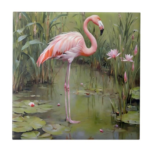 Waterlelies Flamingo en riet olieverfschilderij, Tegeltje (Voorkant)