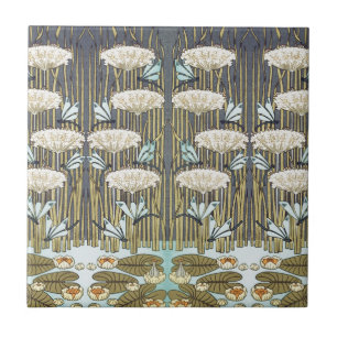 Waterlelies, libellen, moeras art nouveau tegeltje