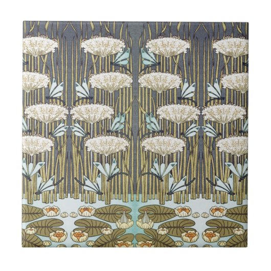 Waterlelies, libellen, moeras art nouveau tegeltje (Voorkant)
