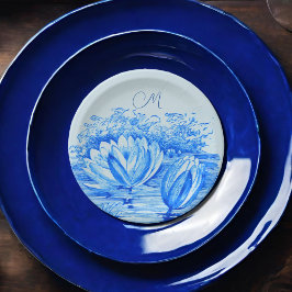 waterlelies - monogram blauw papieren bordje