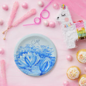 waterlelies - monogram blauw papieren bordje (Feest)