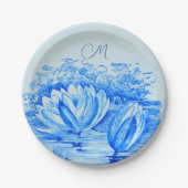 waterlelies - monogram blauw papieren bordje (Voorkant)