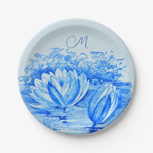 waterlelies - monogram blauw papieren bordje (Voorkant)