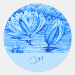waterlelies - monogram blauw ronde sticker