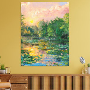 Waterlelies van Claude Monet, Zonsondergang, Kleur Canvas Afdruk