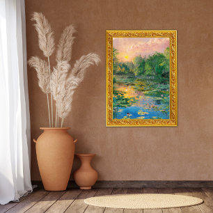 Waterlelies van Claude Monet, Zonsondergang, Kleur Foto Afdruk