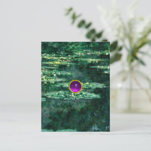 WATERLELIES VIJVER IN GROENE, Paarse Gem Briefkaart (Staand voorkant)