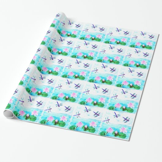 Waterlily Flowers Turquoise Dragonfly Cadeaupapier (Uitgerold)