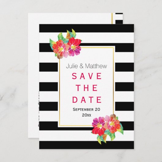 Waterloorbloemen en -strepen bruiloft Opslaan Datu Aankondigingskaart (Voorkant / Achterkant)