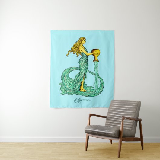 Waterman sterrenbeeld, vrouw met stromend water wandkleed (In situ)