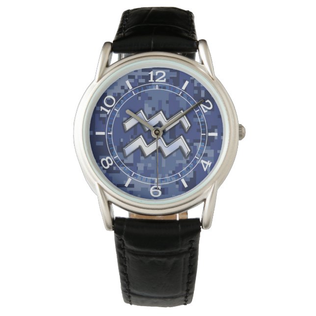 Waterman Zodiac Symbool op blauwe digitale camo wi Horloge (Voorkant)