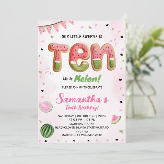 Watermeloen 10e Verjaardagsfeestuitnodiging Kaart (Staand voorkant)