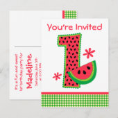 Watermeloen 1e verjaardag Gingham Uitnodiging Briefkaart (Voorkant / Achterkant)