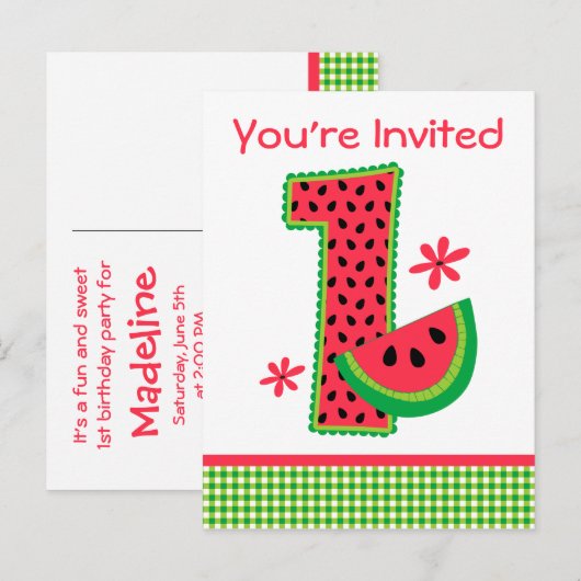 Watermeloen 1e verjaardag Gingham Uitnodiging Briefkaart (Voorkant / Achterkant)