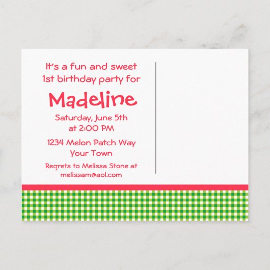 Watermeloen 1e verjaardag Gingham Uitnodiging Briefkaart (Achterkant)