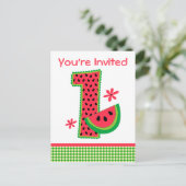 Watermeloen 1e verjaardag Gingham Uitnodiging Briefkaart (Staand voorkant)