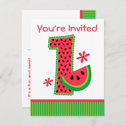 Watermeloen 1e verjaardag Stripe Uitnodiging Briefkaart (Voorkant / Achterkant)