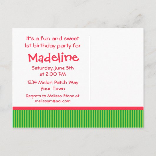 Watermeloen 1e verjaardag Stripe Uitnodiging Briefkaart (Achterkant)