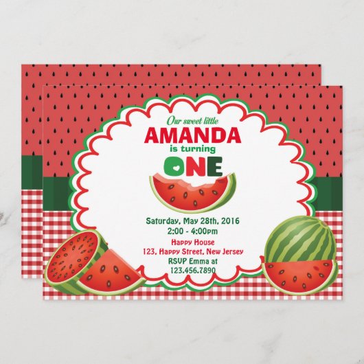 Watermeloen 1e Verjaardag uitnodiging (Voorkant / Achterkant)