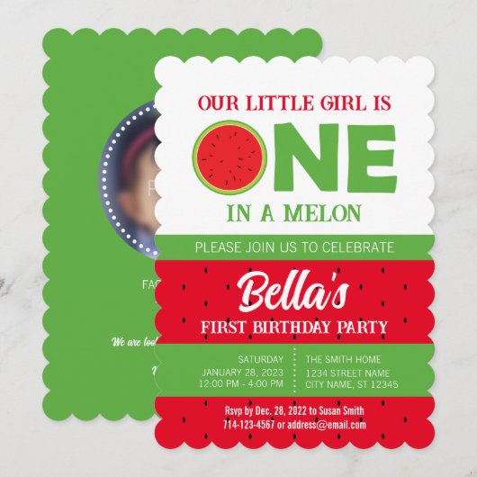 Watermeloen 1e verjaardag Uitnodiging met afbeeldi (Voorkant / Achterkant)