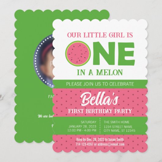Watermeloen 1e verjaardag Uitnodiging met afbeeldi (Voorkant / Achterkant)
