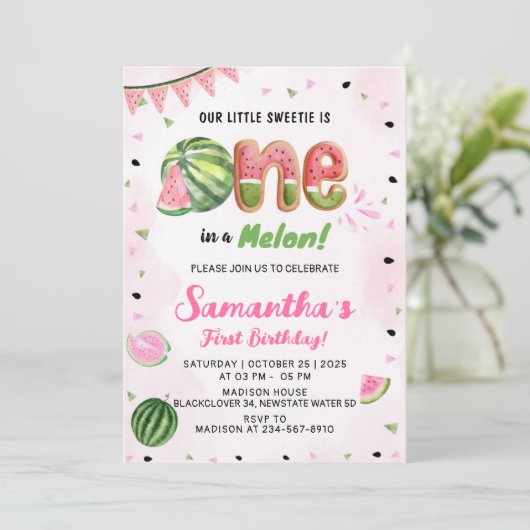 Watermeloen 1e Verjaardagsfeest Uitnodiging (Staand voorkant)